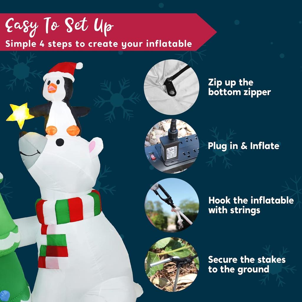 JOYFY 6 ft Christmas Polar Bear Inflatable Decoration with Penguin & Xmas Tree Décor for Christmas Party Yard Winter Decoration