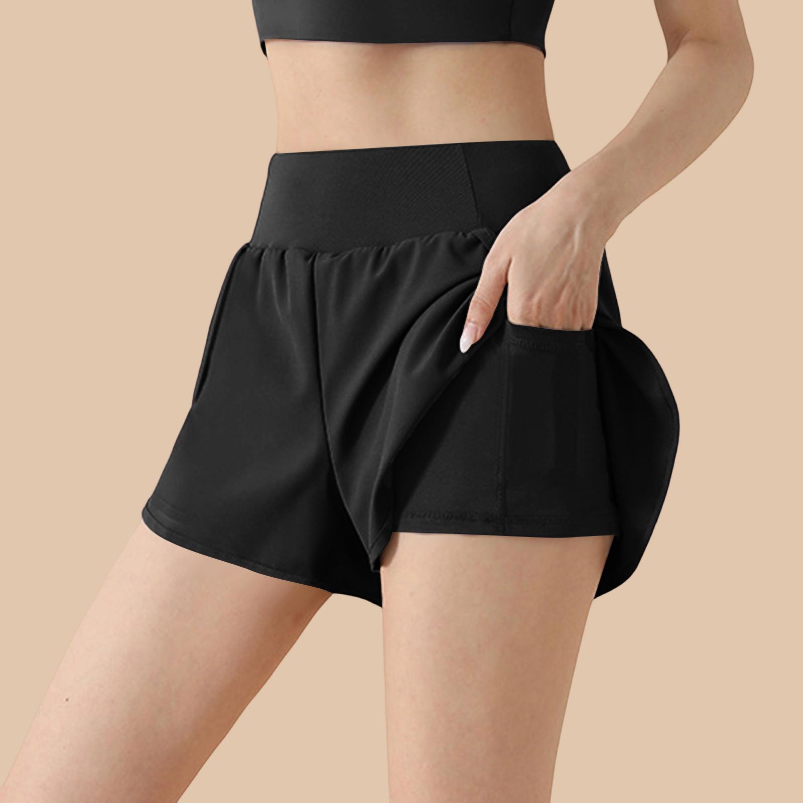 

Women s Fake Two-piece High Waist Hip-lifting Sports Shorts - Inner Pocket Loose Running Fitness Yoga Shorts L чёрный