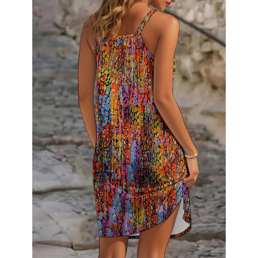 2025 Dame Sommer Ermeløs Trykk Casual Kjole Sommerkjole for Ferie Dameklær