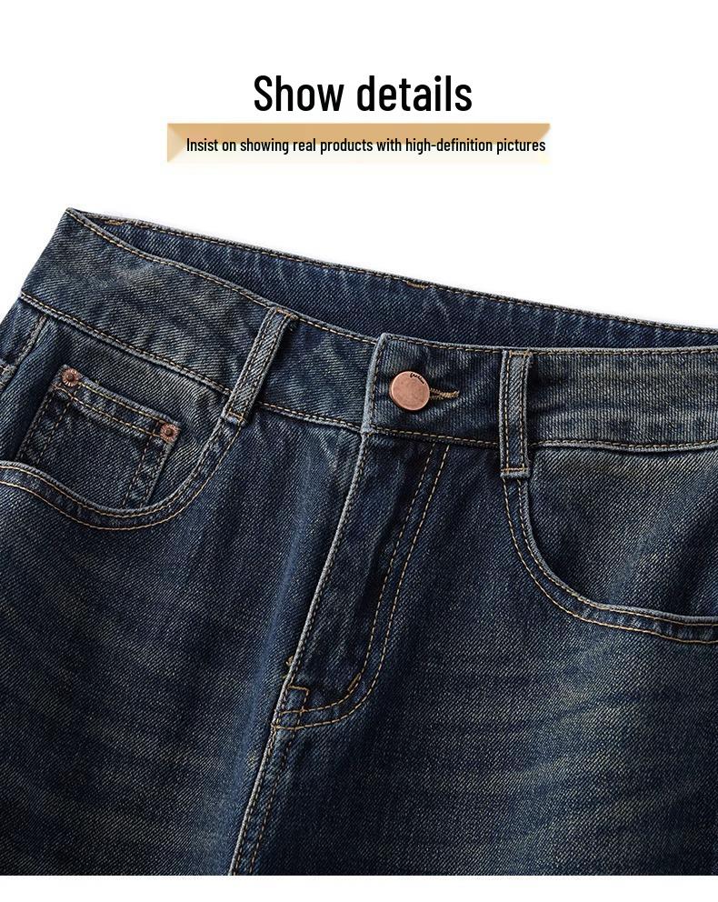 2024 High-Waisted Fleece-Lined Cropped Straight-Leg Retro Dark Blue Women's Jeans for Autumn/Winter