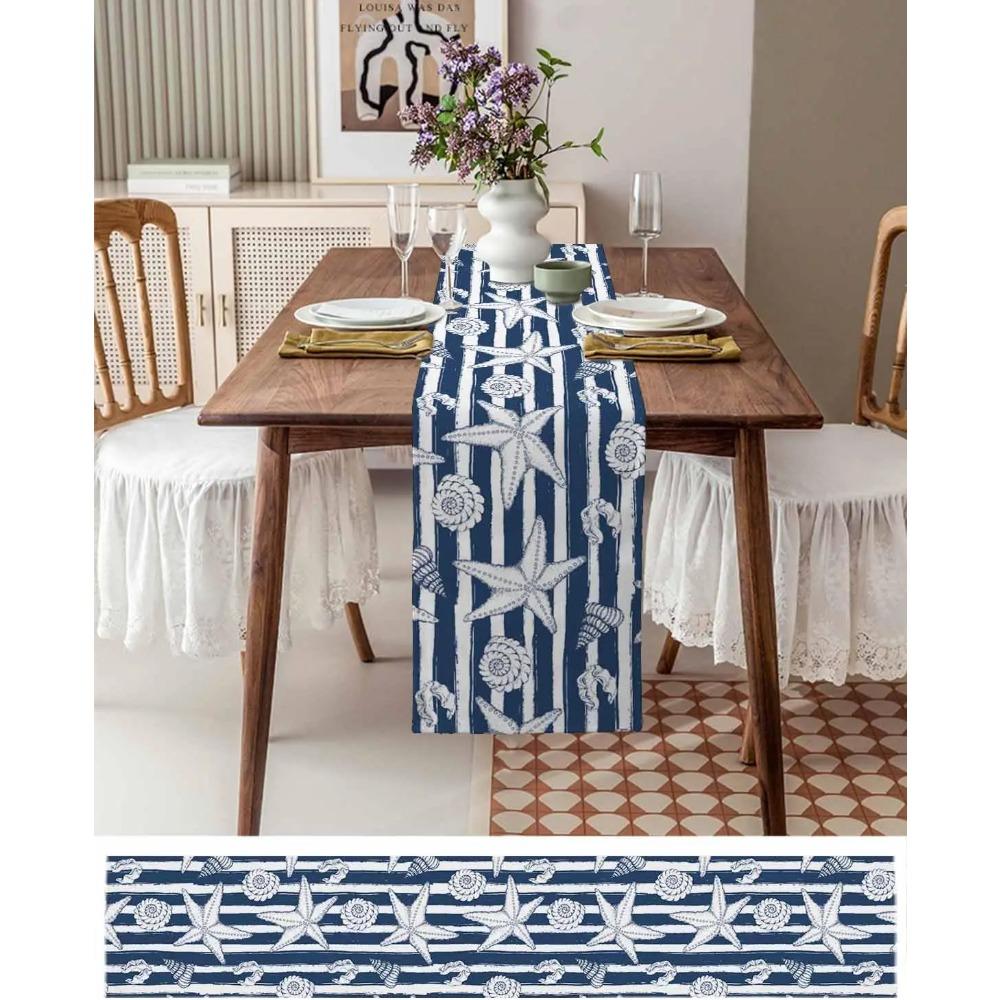 Nautical Ocean Blue Stripes Linen Table Runners Dresser Scarf Decor Washable Beach Conch Starfish Shell Table Runner Party Decor