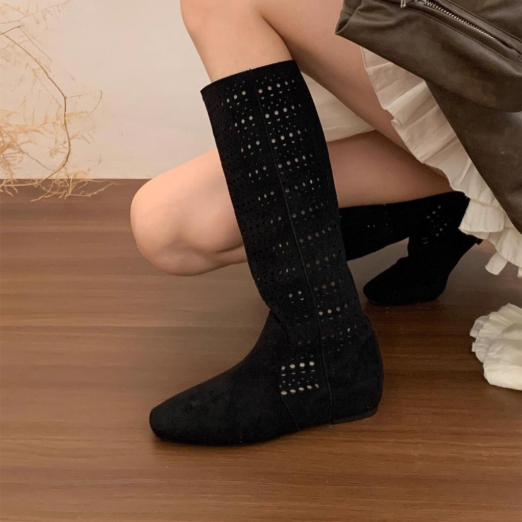 4CM inner height increase~ retro Spice Girl Maillard hollow boots women's autumn breathable non-slip millennial wind thin boots