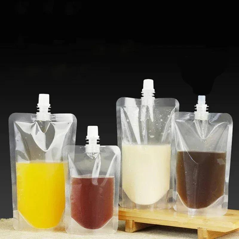 50/100PCS Clear Drink Pouches Packaging Liquid Bag With Nozzle Stand Up Sealed Suction Nozzle Bag Milk Tea Juice Bag Print Logo