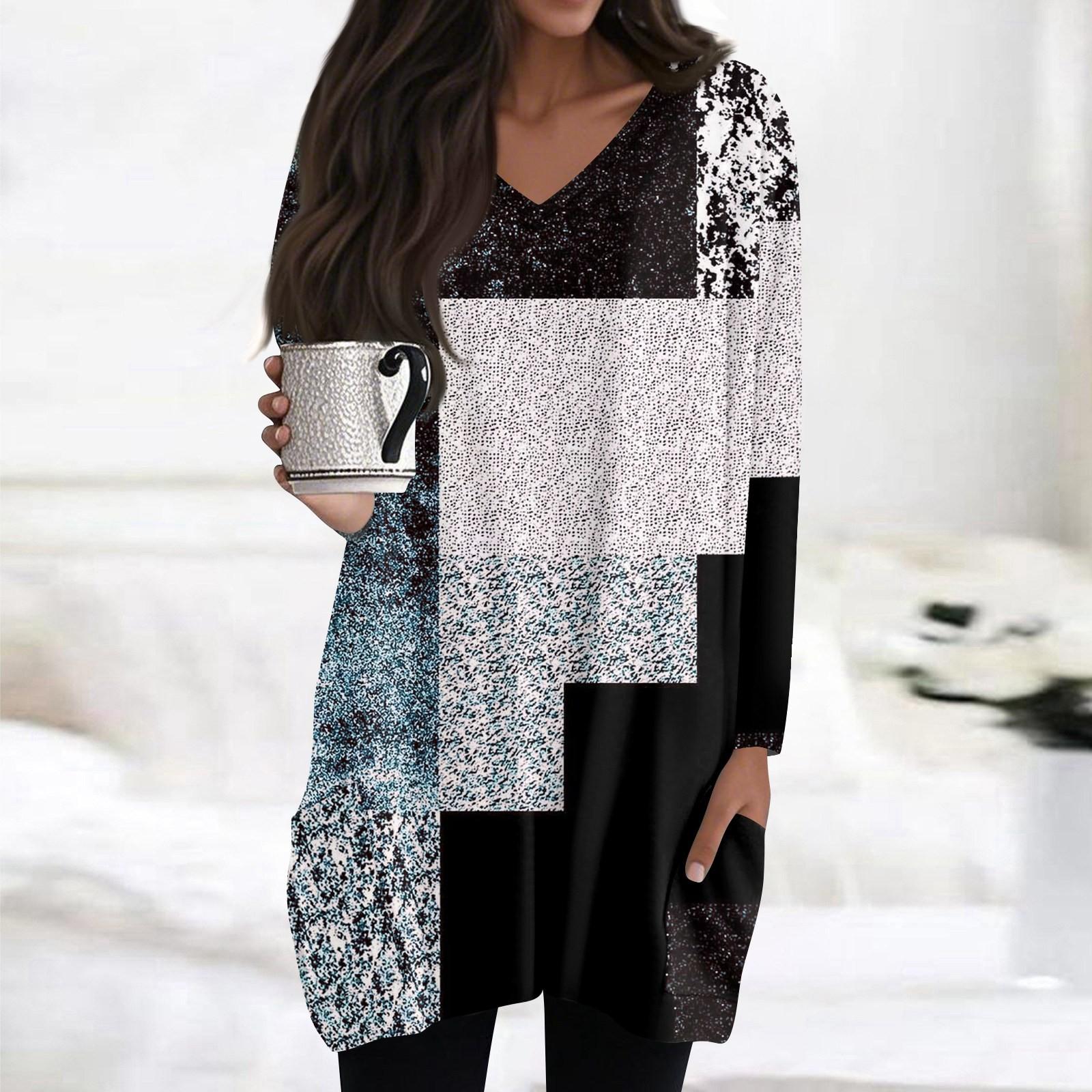 

Женские топы с V-образным вырезом и длинным рукавом, повседневные блузки средней длины, модные туники с принтом и карманами M