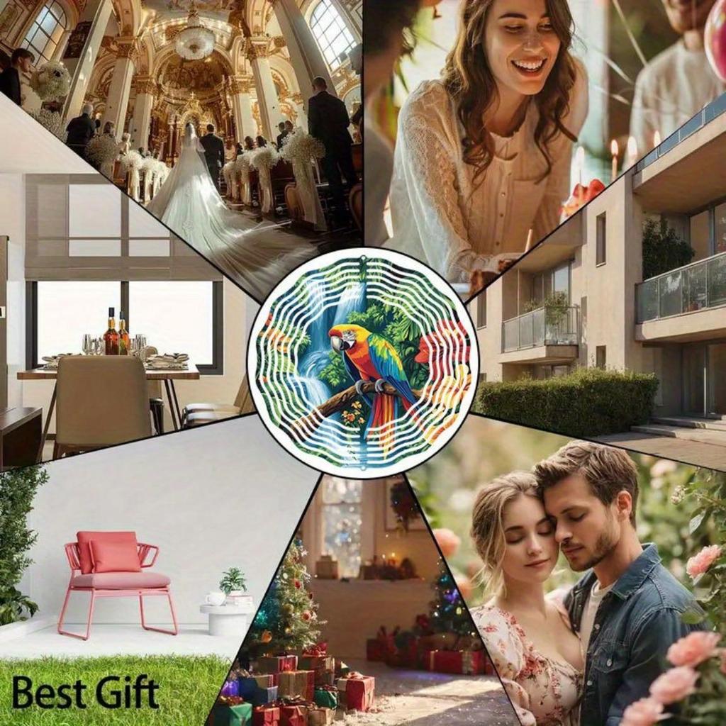 2D Tropischer Regenwald & Papagei Windspiel – Lebendige Metallgartenkunst, Wirbelnde Außendekoration mit rotierendem Klangspiel für den Garten