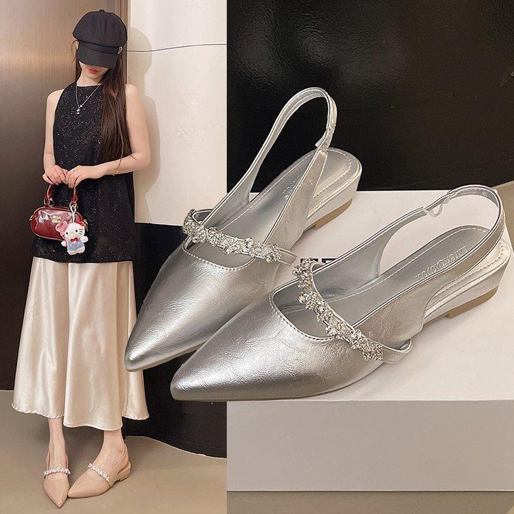 Giant Skinny~ Rhinestone Silver Pointed Back Air Mary Jane Small Leather Shoes Women's Summer Low Heel Baotou Sandals