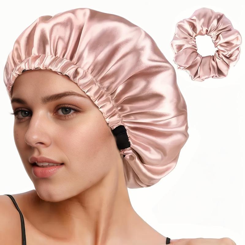 Adjustable Hypoallergenic Satin Hair Cap Double Layer Reversible Sleeping Bonnet Adults Soft Pink Blush Color Options Head Wear