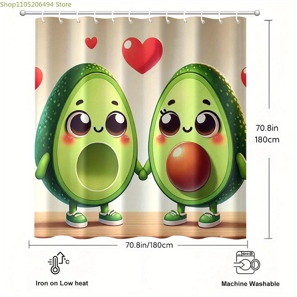A Single Avocado Cartoon Printed Shower Curtain, Measuring 177.8X177.8 Cm, Includes 12 Hooks, Made of Polyester Fabric, Easy T