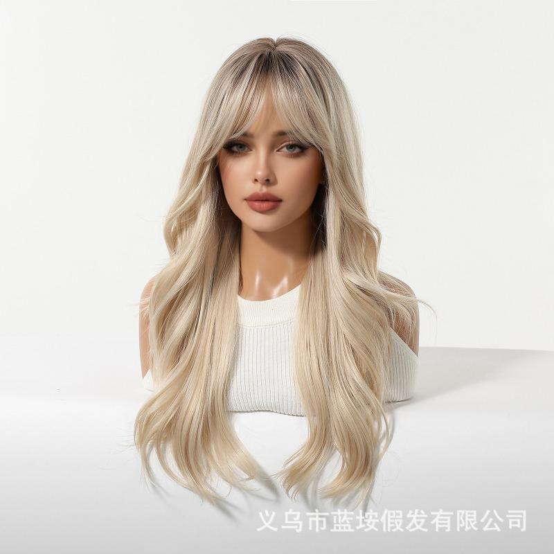 Platinum Gradual Change Wig Air Bangs Fluffy Lazy Wind Curly Hair Full Headgear