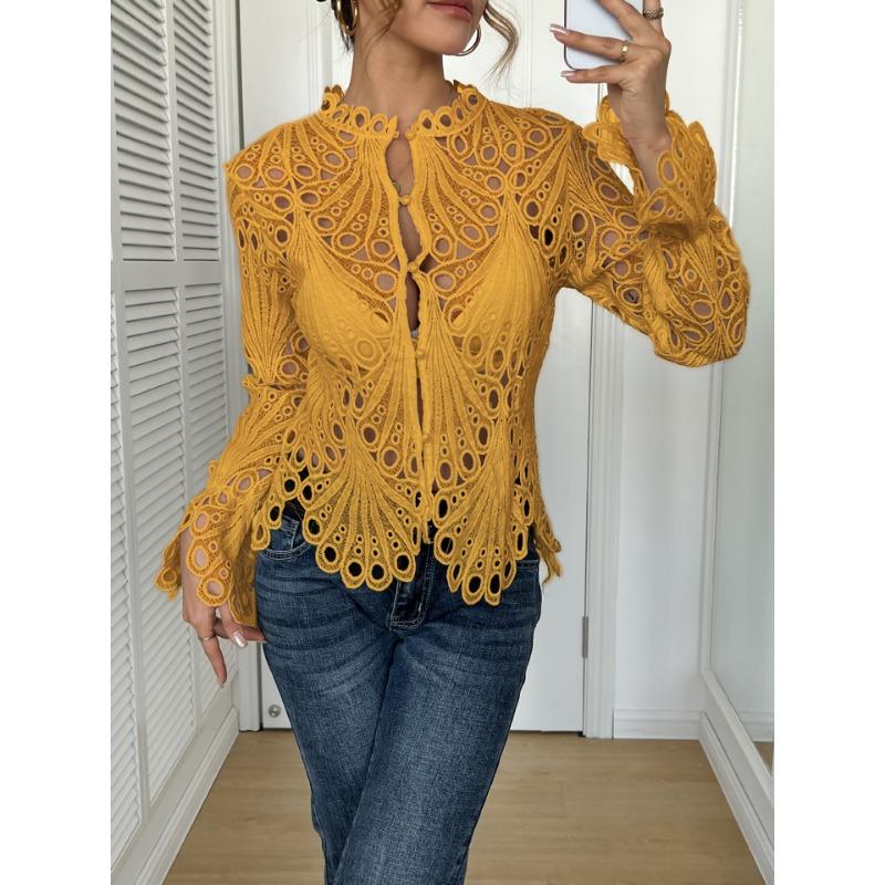 

Модная ажурная элегантная женская кружевная рубашка с расклешенными длинными рукавами, сексуальная блузка, женская однотонная весенне-осенняя, милая вязаная приталенная одежда со стойкой XL имбирный