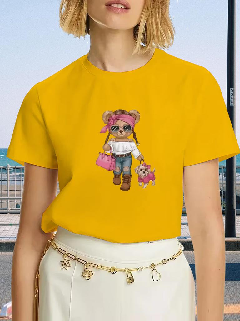 2025 Summer New T Shirt Women Fashion Bear Print Short Sleeve Tops Casual Pullover Street Y2k Fashion Tshirt Female Tees