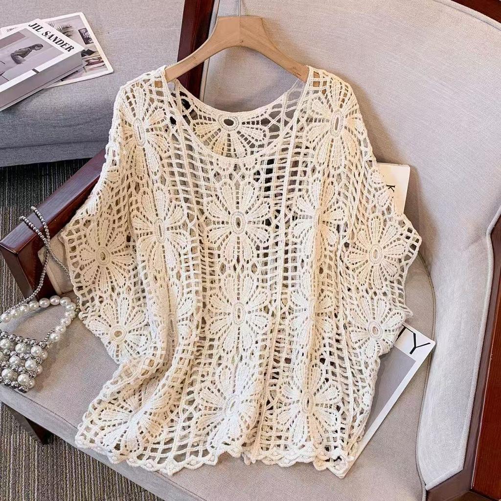 Cardigan tricoté à lacets ajourés motif fleur pour femme, nouveau haut court style bohème pour l'été, châle long à manches longues