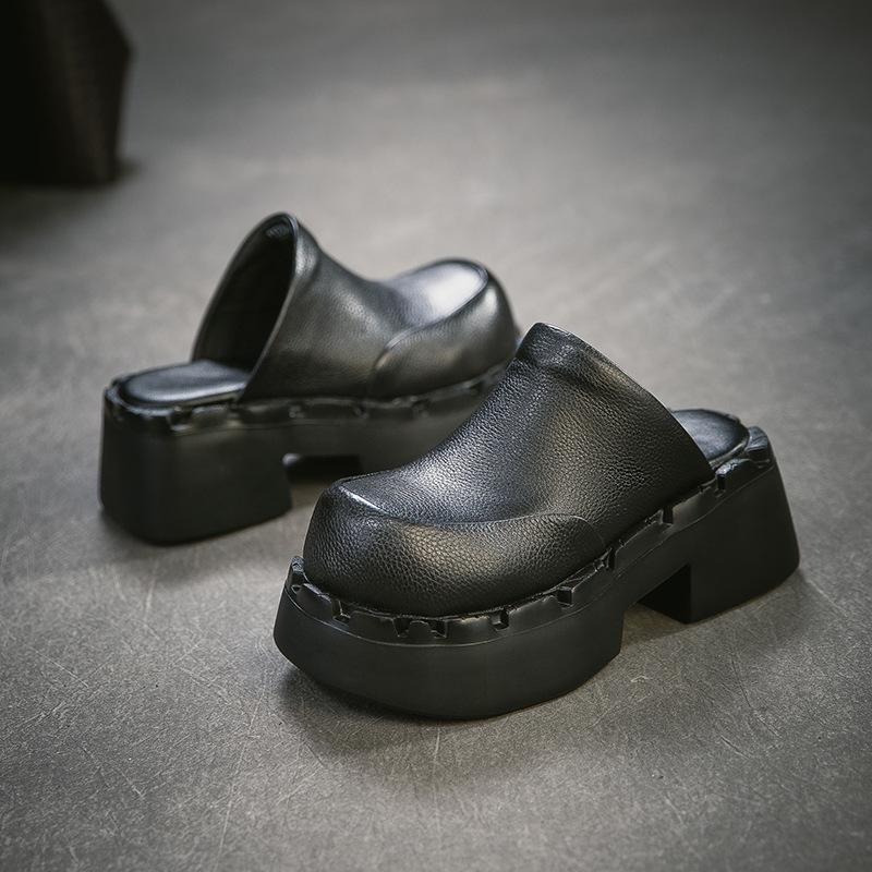 Johnature British Style Genuine Leather Round Toe Thick Heel Slippers Comfortable Thick Soled Women's Shoes