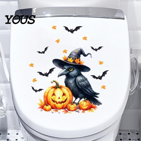 Removable Toilet Decals Halloween Decals, Cute Cartoon Bat in Suit & Black Crow with Witch Hat, Waterproof Peel-off Stickers Seat Cover Decor