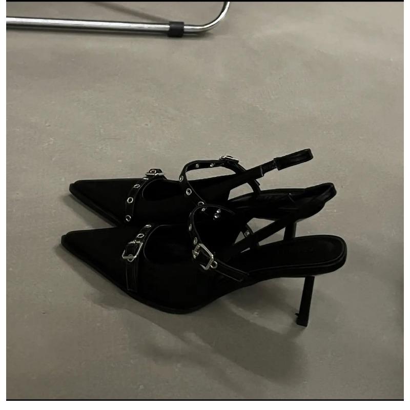Fashion Women's Silver Buckle Slingback High Heels Pointed Summer Thin Heel Leather Shoes for Woman Elegant Party Mary Jane Pumps