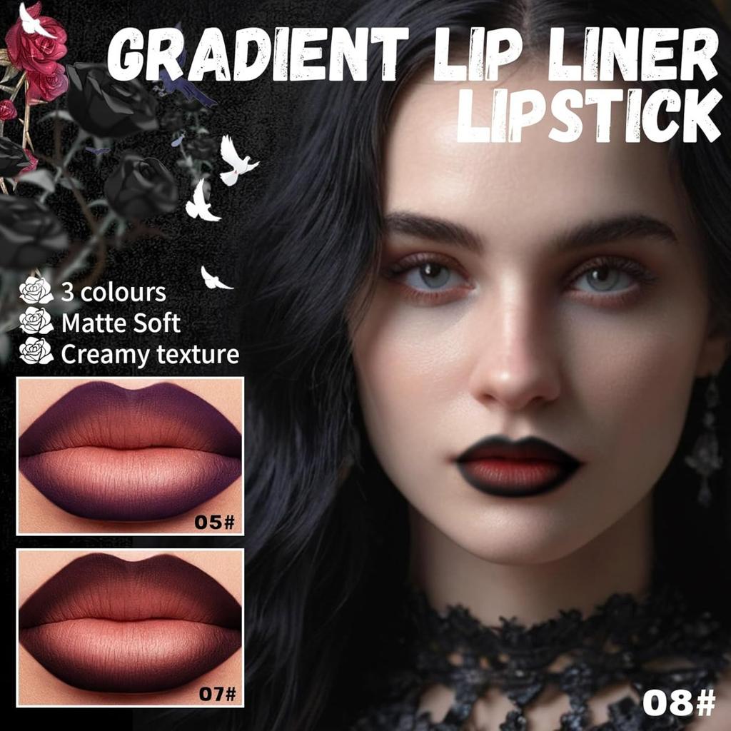 Three color two in one gothic lipliner set, gloss lipliner plump smooth cream lip liner, high pigment long-lasting lipstick