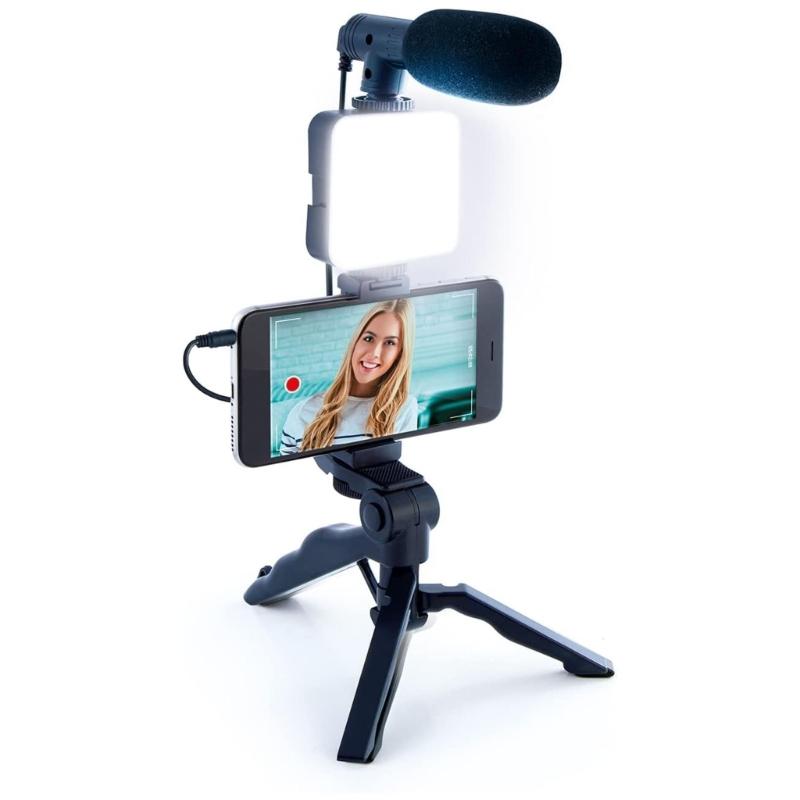Starter Set for Most Smartphones Vlog Set with Tripod Light Microphone and Phone Clip for Video Calling Conference