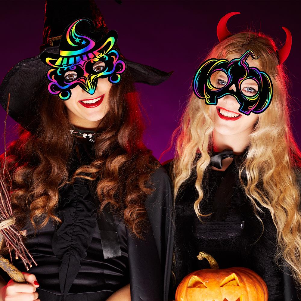 Vintage Halloween Mask Decor DIY Rainbow Scratch Paper Mask Photo Props for Cosplay Halloween Trick or Treat Birthday Party