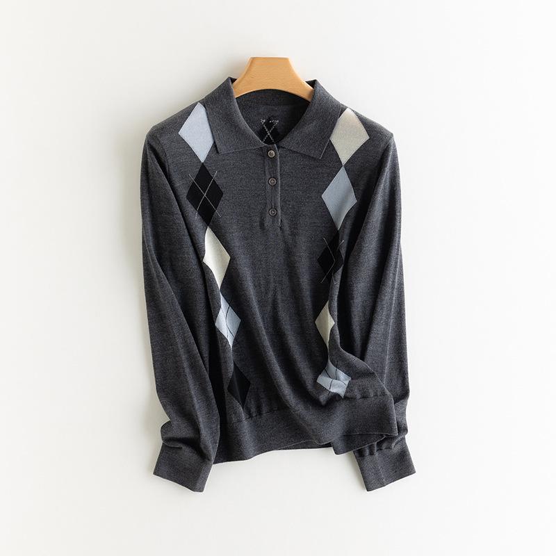 Women's Merino Wool Polo Collar Sweater - 2026 Spring/Autumn, Diamond Pattern Knit Pullover