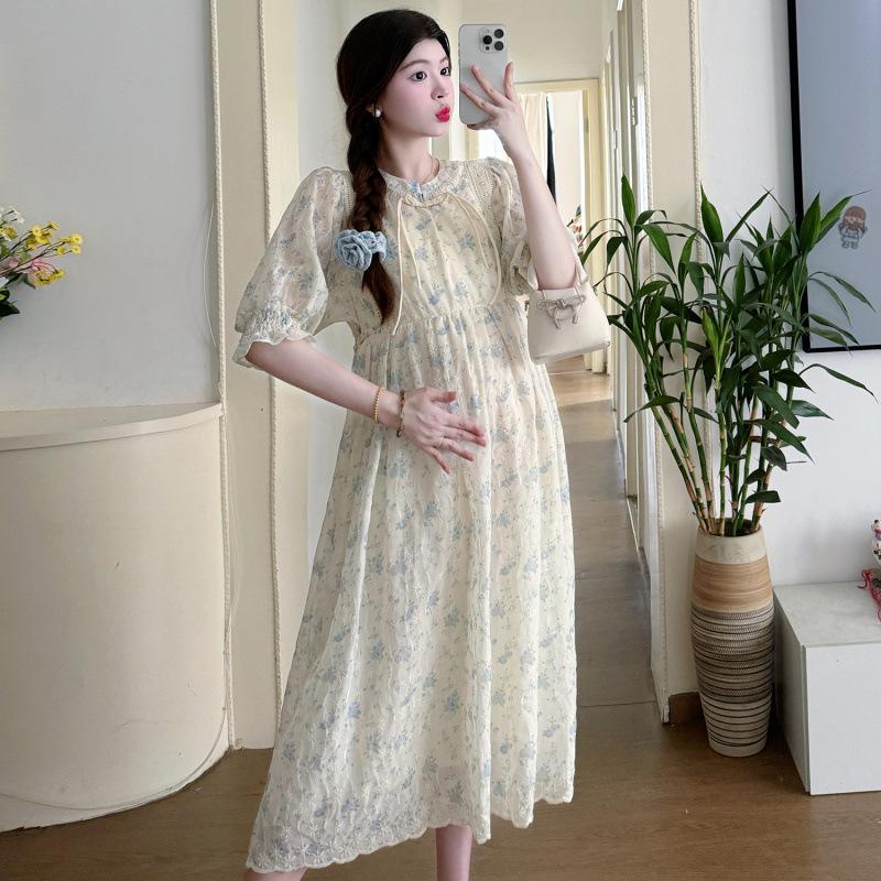 2026 Summer Korean Embroidered Maternity Dress XL