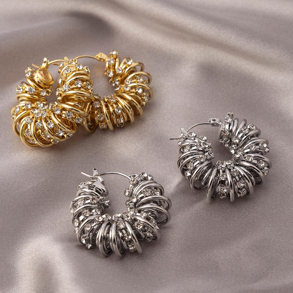 Evropské a americké spirálové náušnice s diamanty: Luxusní, špičkové kruhové náušnice s trendy, niche chladným stylem