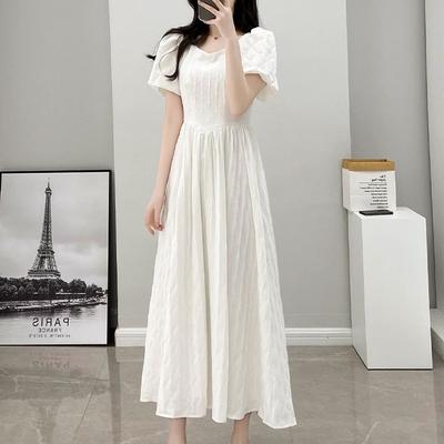Women's French White Long Dress Temperament Slimming V-Neck Hepburn Style A-Line Skirt Summer