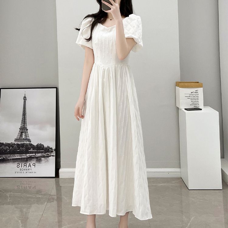 Women's French White Long Dress Temperament Slimming V-Neck Hepburn Style A-Line Skirt Summer