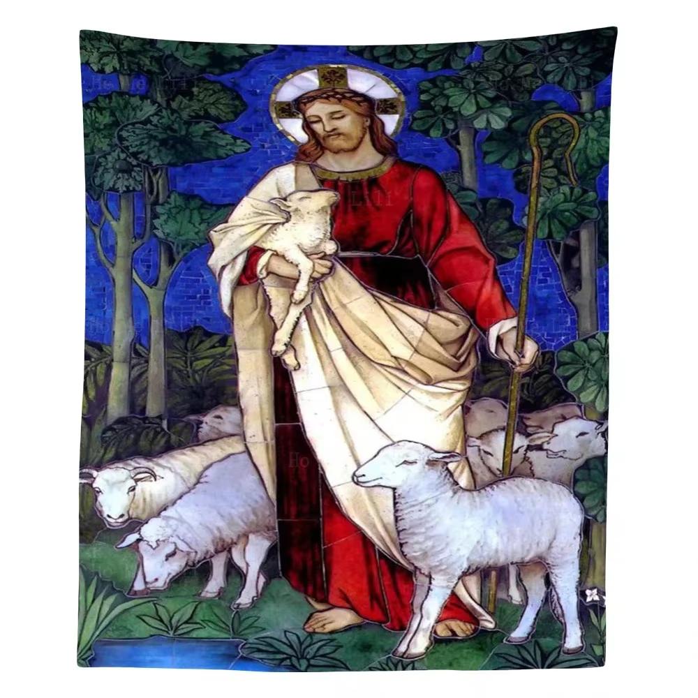 Easter Resurrection Christ Icon Jesus Good Shepherd Bible Tapestry Wall Hanging Decoration Living Room Decor Blanket Backdrop