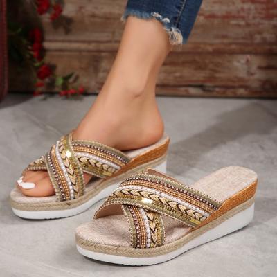 Women's Sandals 2024 Spring/Summer New Flat Bottom Slope Heel Famous Ethnic Style Cross Slippers Women's Slippers