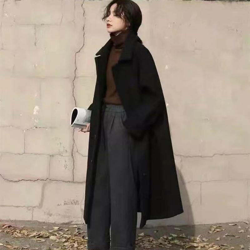Women's Woollen Coats Ladies Solid Casual Loose Black Beige Wool Coat Female Autumn Winter Cashmere Long Buttons Coats