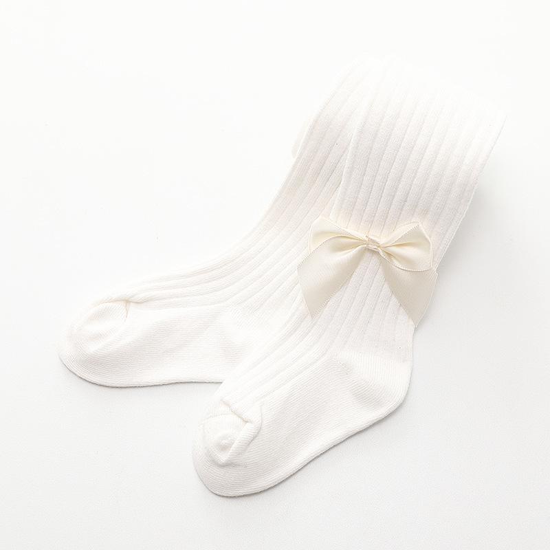 2024 Spring & Autumn Cable Knit Bow Leggings for Girls - Striped Tights with Open Crotch
