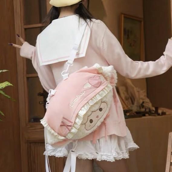 Lamb Cute Bear Cartoon Fluffy Backpack Embroidery Lightweight School Design