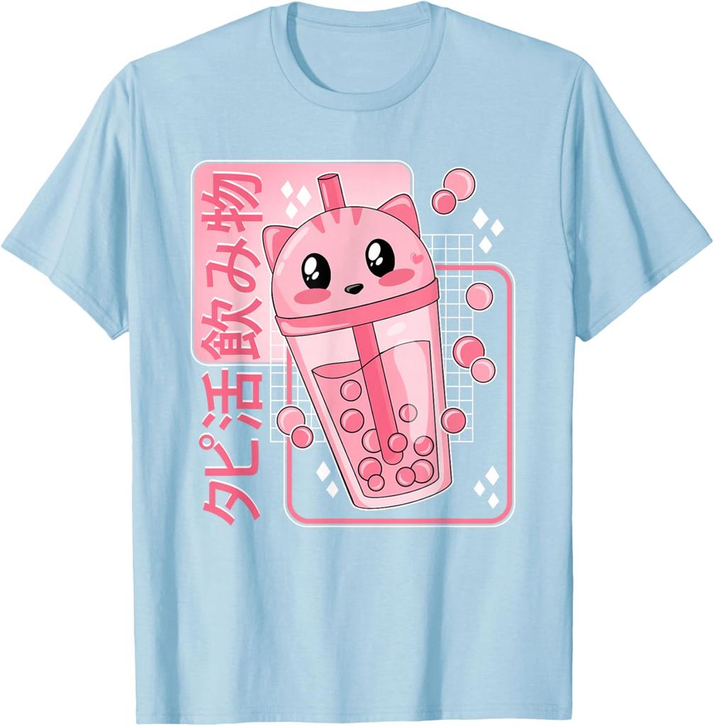 Kawaii Kočka Boba Čajový Nápoj Život Grafické Tričko Japonský Anime Styl Roztomilé Bubble Tea Tričko pro Dívky