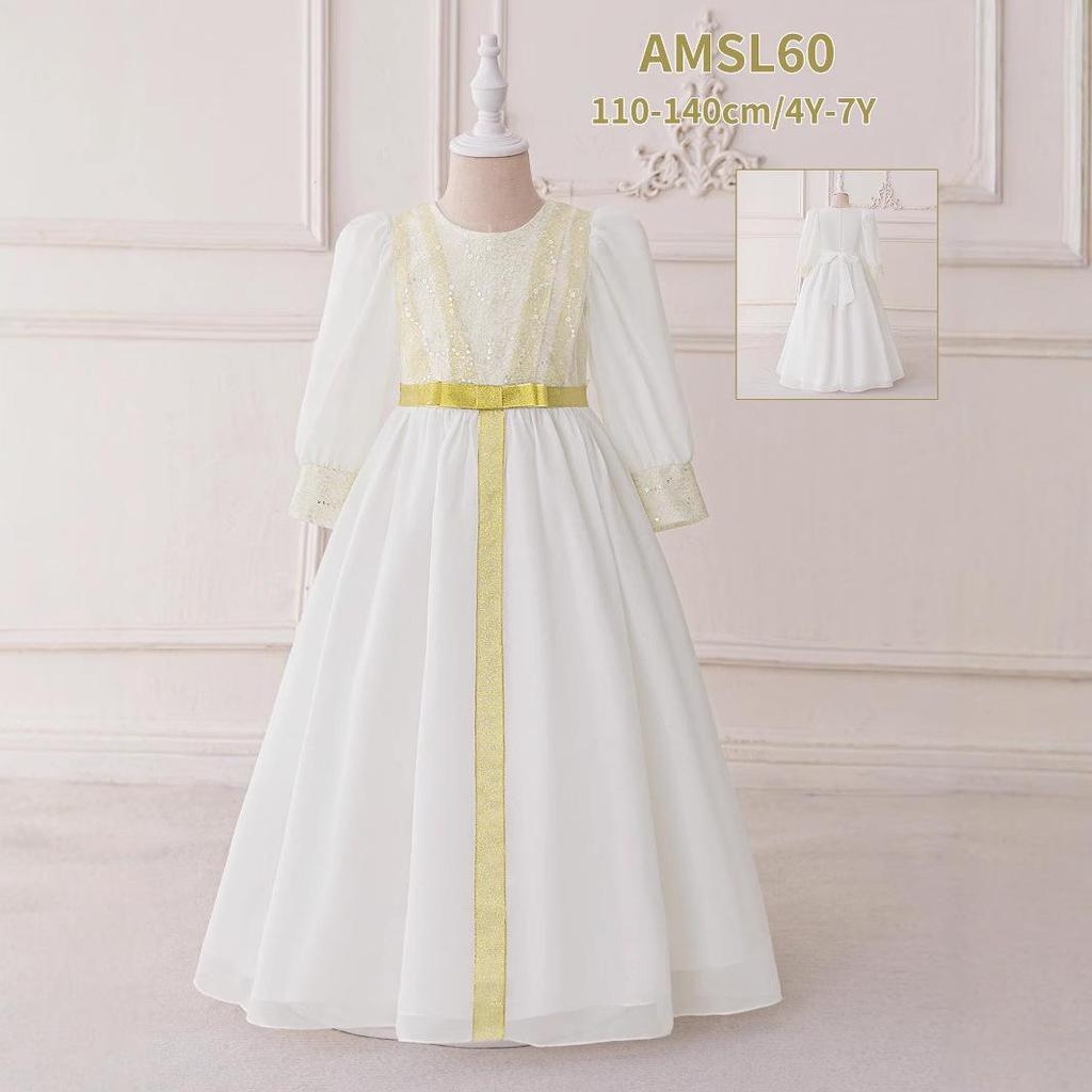 Orientalisches Weißes Chiffon Muslimisches Ballkleid mit Stickerei und langen Ärmeln