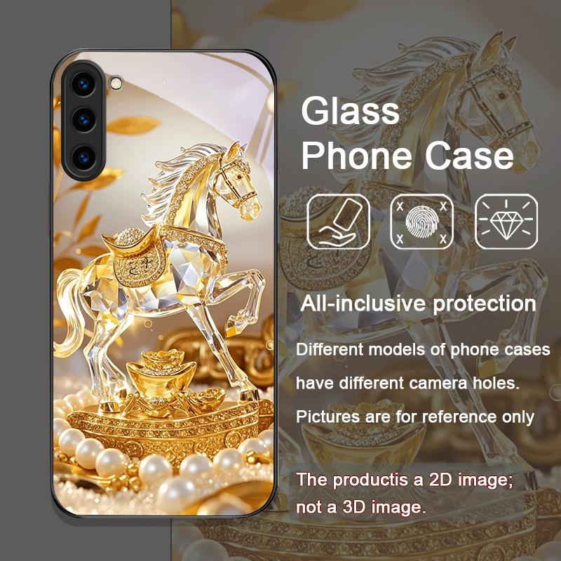 Luxury Crystal Golden Horse Pattern Tempered Glass Phone Case for Samsung Galaxy S25 Ultra S24 S23 Plus S22 S21 S20 FE M55 Cover