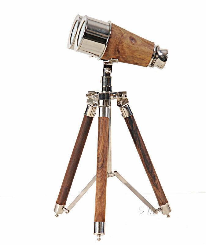 Chrome Brass Binocular Maritime Spyglass Pirate With Wooden Tripod Working State