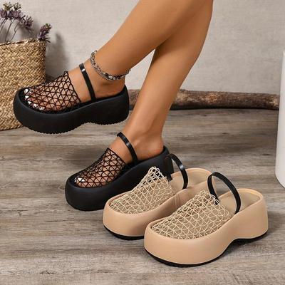 Stylish Black Mesh Fishnet Women's Casual Platform Sandals | Thick Cushioned Sole, Comfortable Slip-On Round-Toe Shoes for All-Season Wear