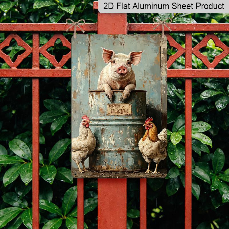2D Flat, 1pc Rustic Farmhouse Vintage Metal Sign - 8x12 Inch Aluminum Wall Plaque with Whimsical Pig & Chicken Design, No Electricity Needed, Easy