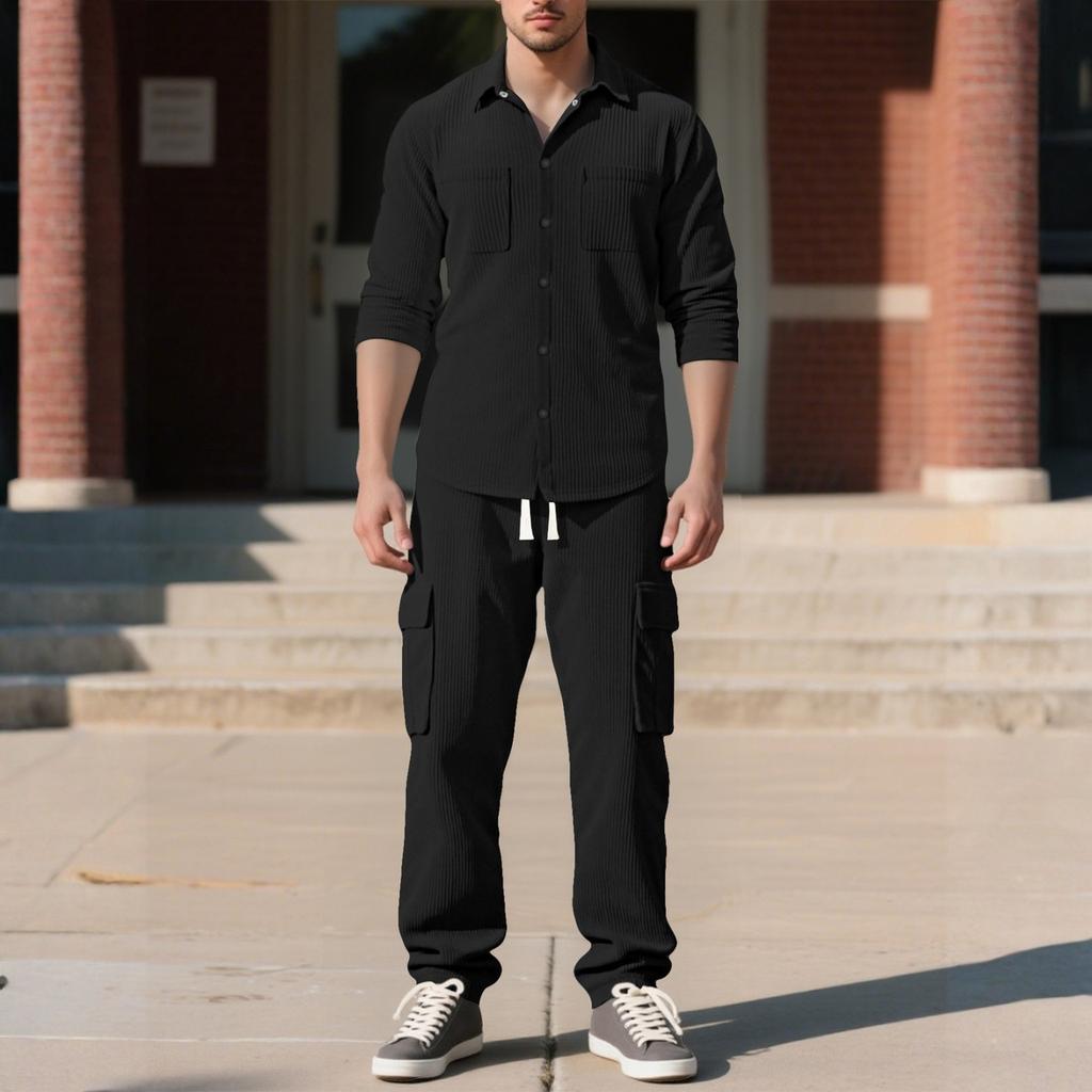 Men's Casual Sports Lapel Cardigan Jacket Long-sleeved Trousers Suit Loose Corduroy Work Suit