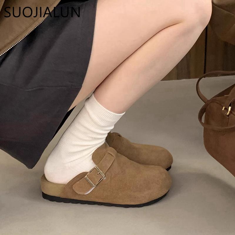 Mode SUOJIALUN 2024 Herbst Damen Flacher Slipper Mode Runde Zehenpartie Slip-On Pantoletten Schuhe Weicher Flacher Absatz Outdoor Freizeit Pantoletten Sandalen