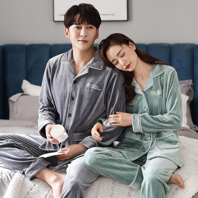 [Essential For Heating Room] Island Fleece Couple Pajamas Men'S Autumn And Winter Coral Fleece Flannel Loungewear Set