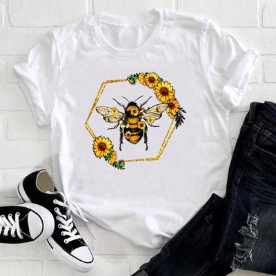 (Asian Size) Women Print Tee Bee Flower Lovely Style Cute Trend Top Clothing Casual Short Sleeve Fashion Tshirt Lady Female Graphic T-shirt