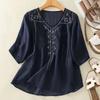 Women Embroidered Linen Blend Blouse V Neck Three Quarter Sleeve Casual Shirt