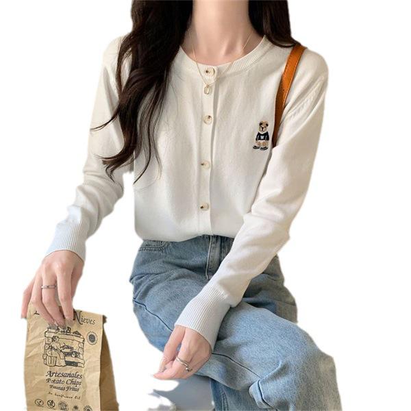 2025 Spring & Autumn Little Bear Knit Cardigan: Women's Long Sleeve Lazy Style Sweater