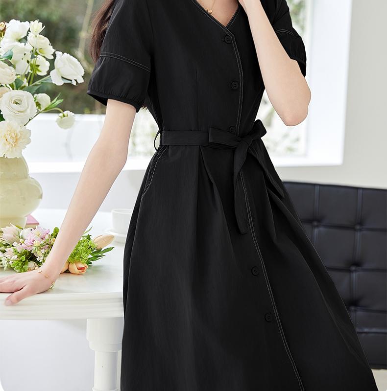Summer new French style high-end V-neck with visible thread design, tie up, waist cinching, slimming effect, slit, lightweight and cool dress
