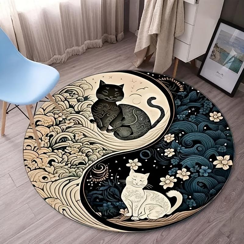 Yin Yang Cat Design Round Area Rug - Soft Crystal Velvet, Machine Washable, Polyester, Indoor Use for Living Room & Bedroom Decor, Holiday Themes