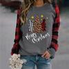 Women's Fashion Plaid Patchwork Christmas Print Round Neck Long Sleeve T-Shirt Top
