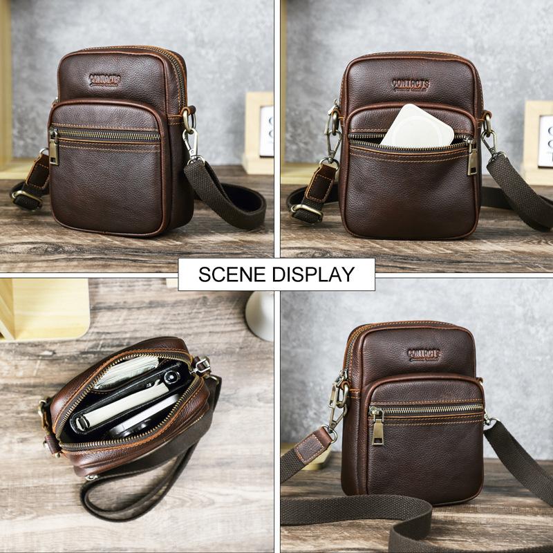 Men Top Grain Crazy Horse Leather Crossbody Bag Multi-Zipper Pockets Vintage Texture
