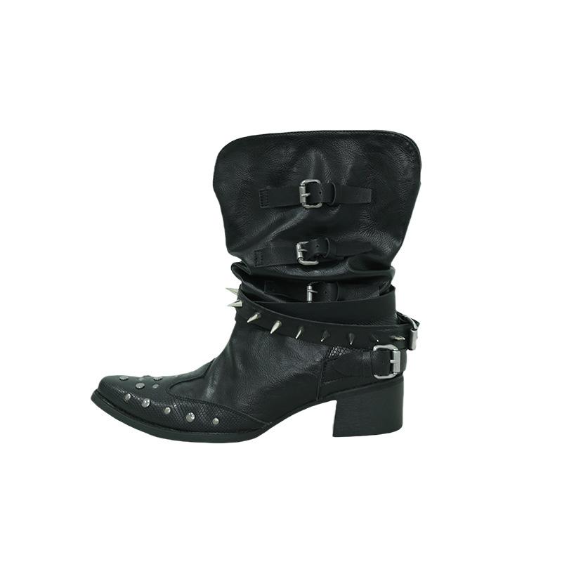 

Folded Western Short Boots Women s Pointed V-mouth Skinny Thick Heel Black Niche Rivet Knight Boots Women 42 чёрный