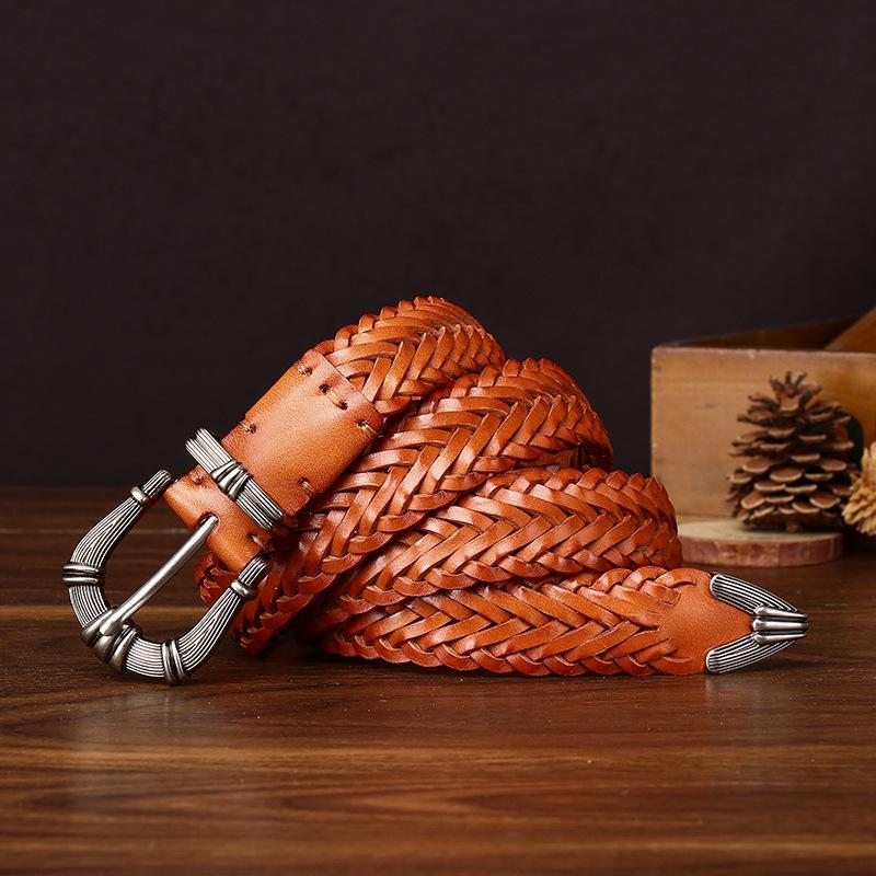Women s Genuine Leather Hand-Woven Belt: Fashionable, Trendy, Versatile, Needle Buckle, Pure Cowhide, Internet Celebrity Style. 110CM